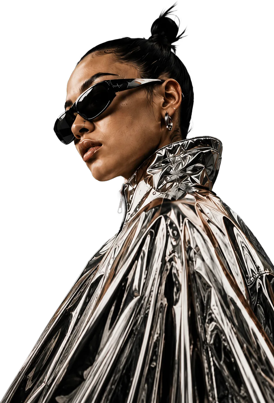 Plumier member in a metallic couture jacket
